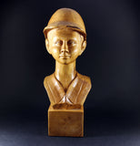 Andre Medard Bourgault, Wood Sculpture, Boy with Cap or Riding Helmet
