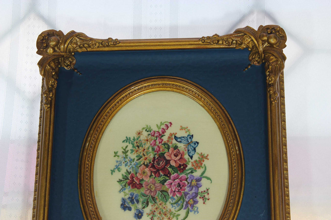 Floral Petit point in Antique Carved Wood Frame