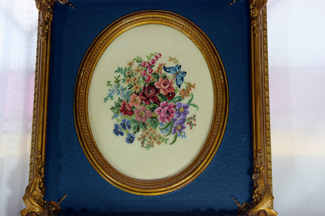 Floral Petit point in Antique Carved Wood Frame