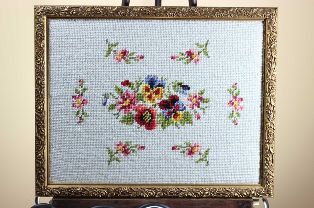 Vintage Hand Made Needlepoint Floral Framed