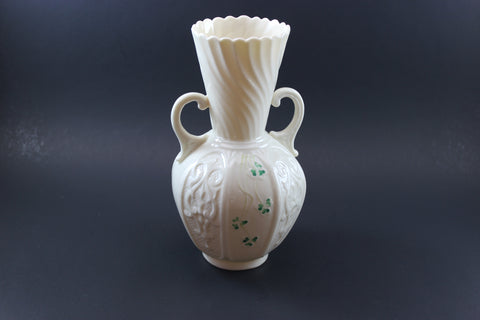 Belleek twin handled shamrock vase