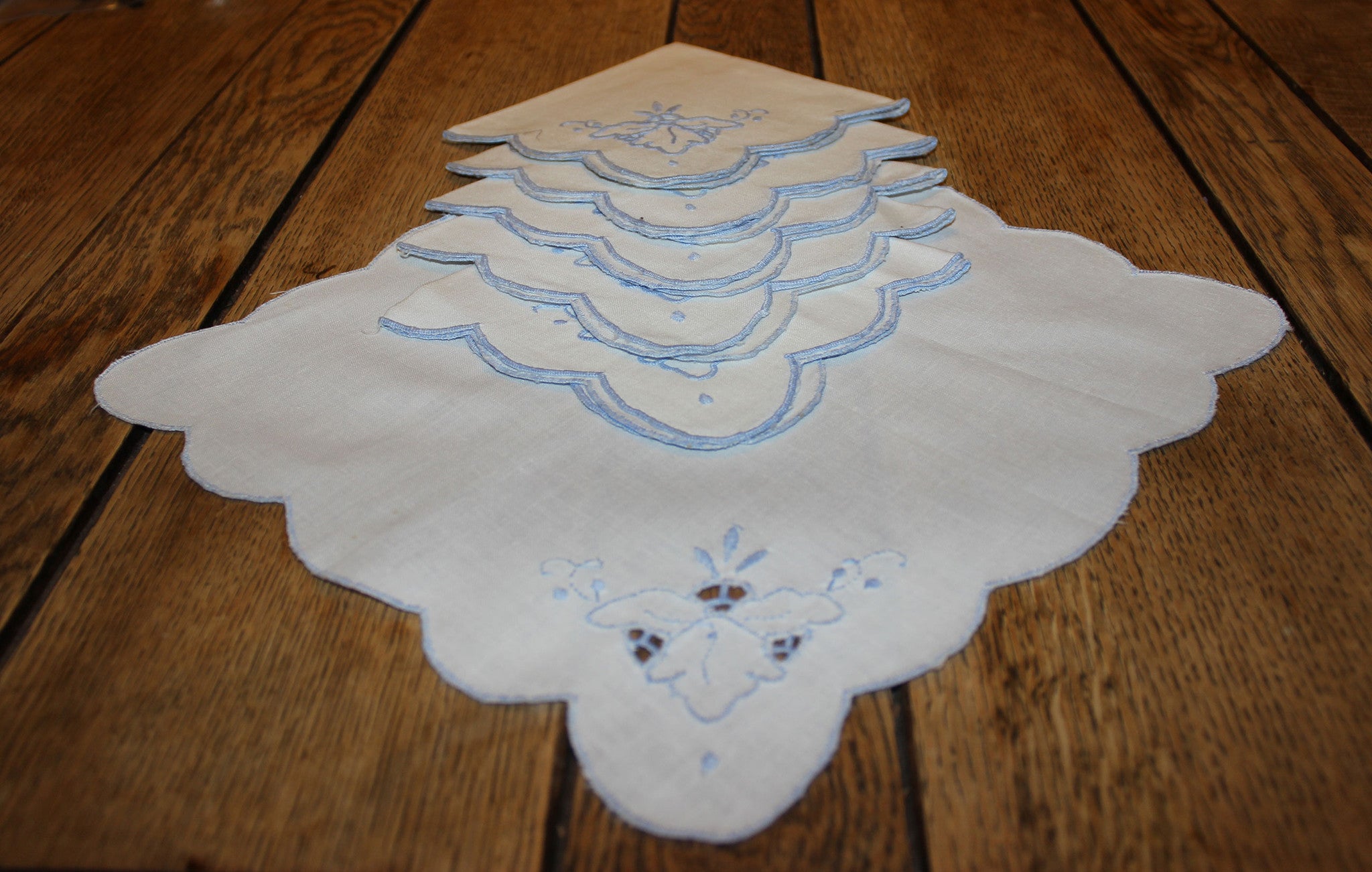 Blue Embroidered Linen Luncheon Napkins