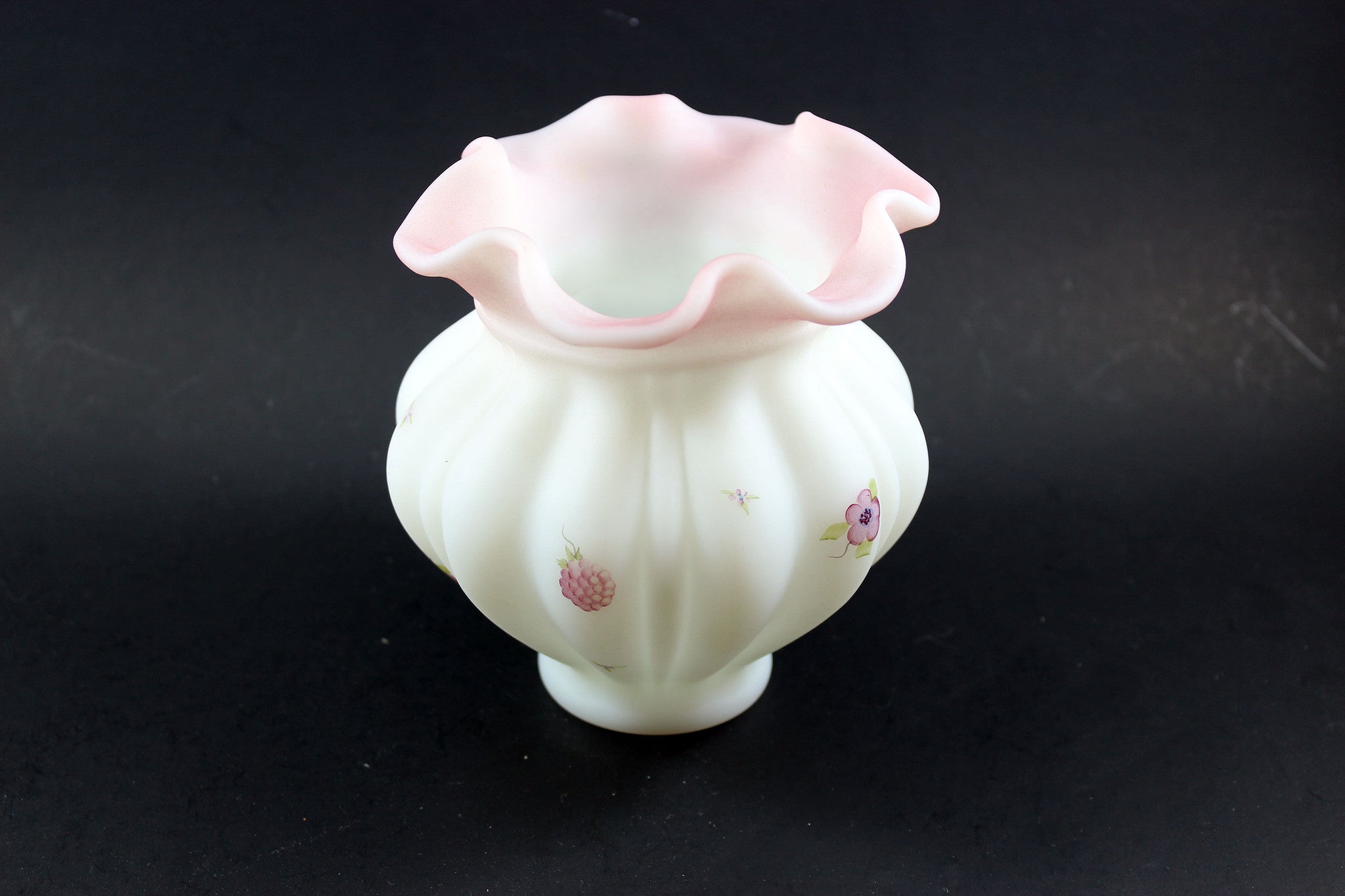 Fenton shops Romantic Country Berries and Blossoms Ruffled Melon Vase Signed Stevens