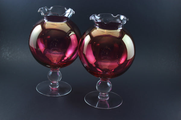 Cranberry Glass Rosebowl Pedestal Vases
