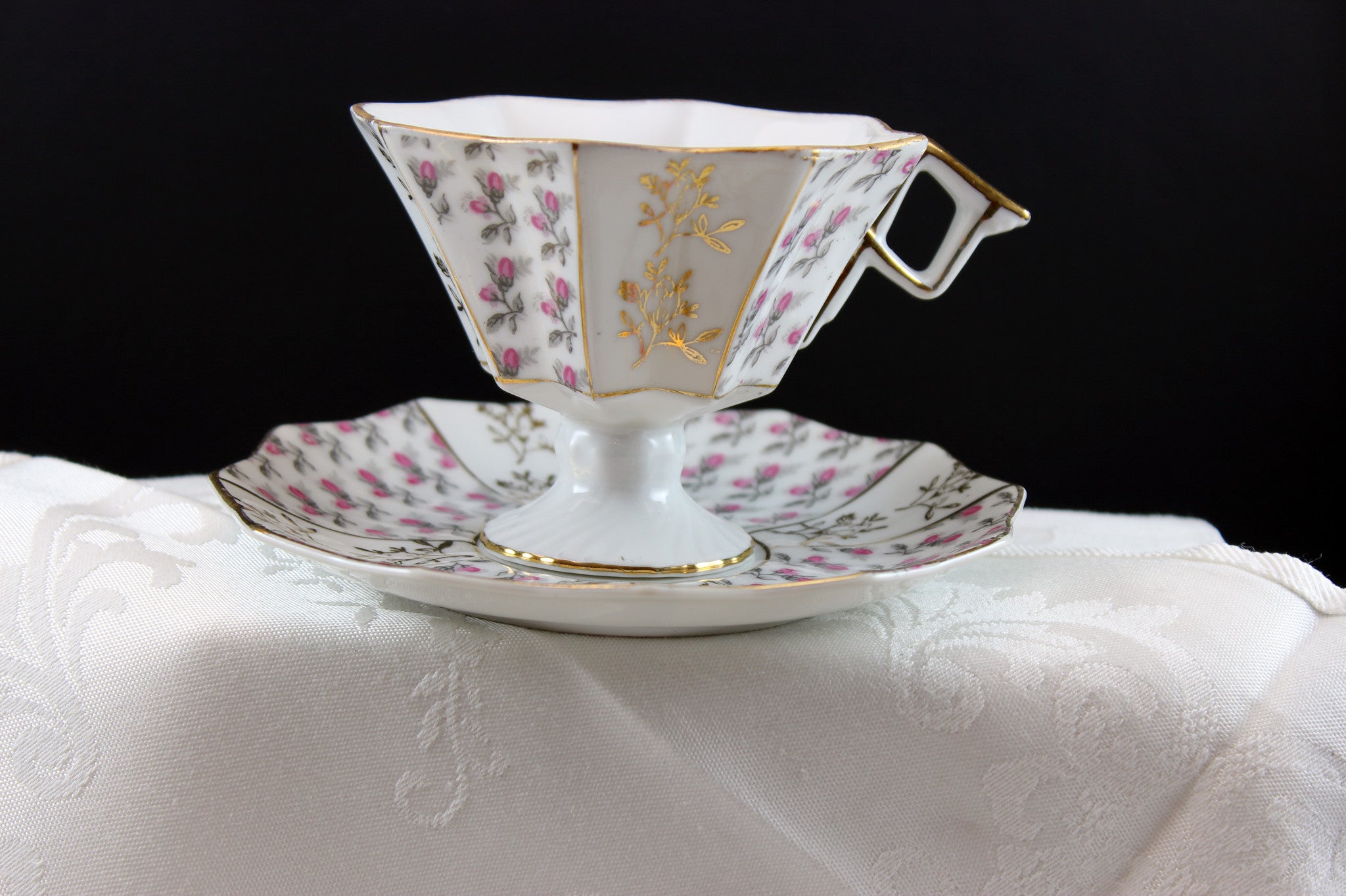 Fancy teacups &amp; saucers, china, unmarked (2)