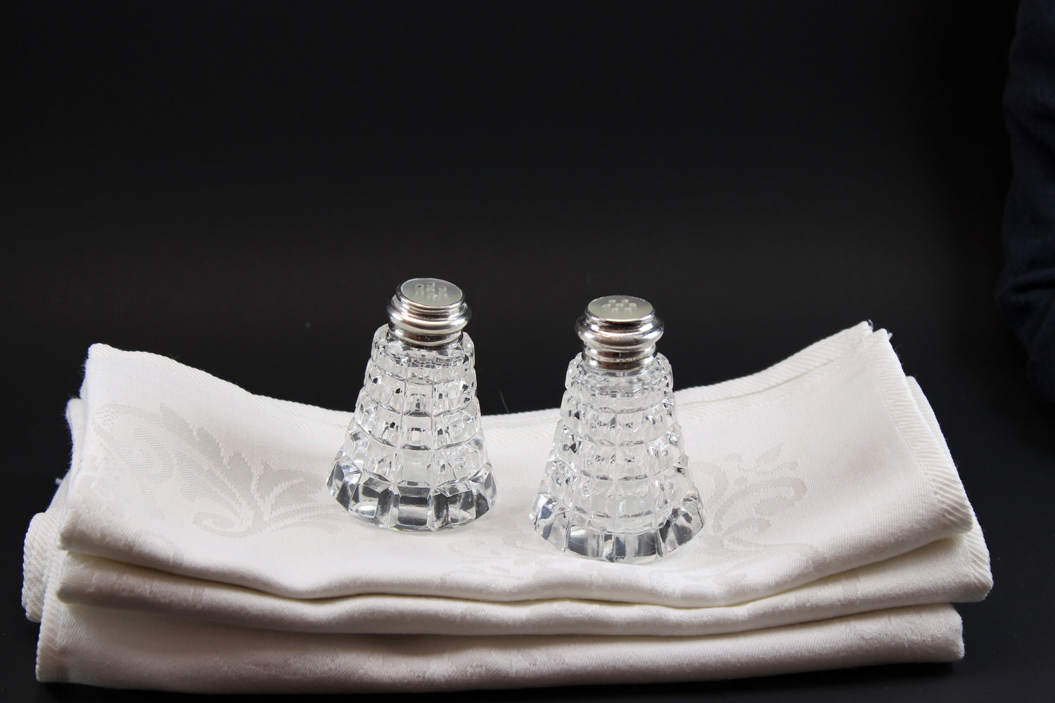 Crystal Salt &amp; Pepper with Sterling/Mother of Pearl Cap