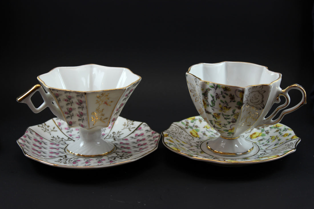 Fancy teacups &amp; saucers, china, unmarked (2)