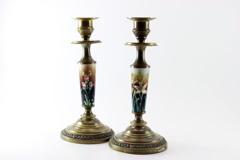 Victorian Brass and Porcelain Candlesticks