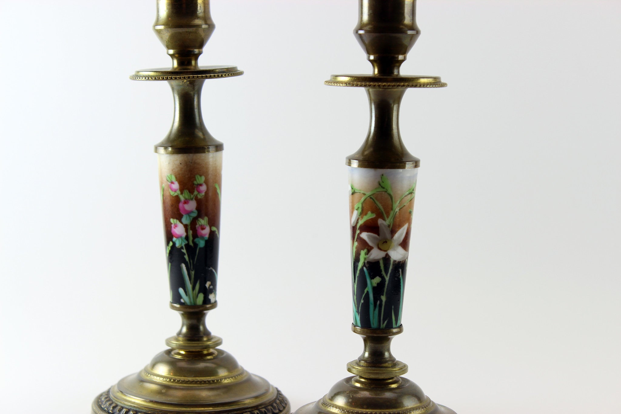Victorian Brass and Porcelain Candlesticks