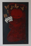 Kaoru Kawano, Woodblock Print, Girl with Flowers and Butterflies