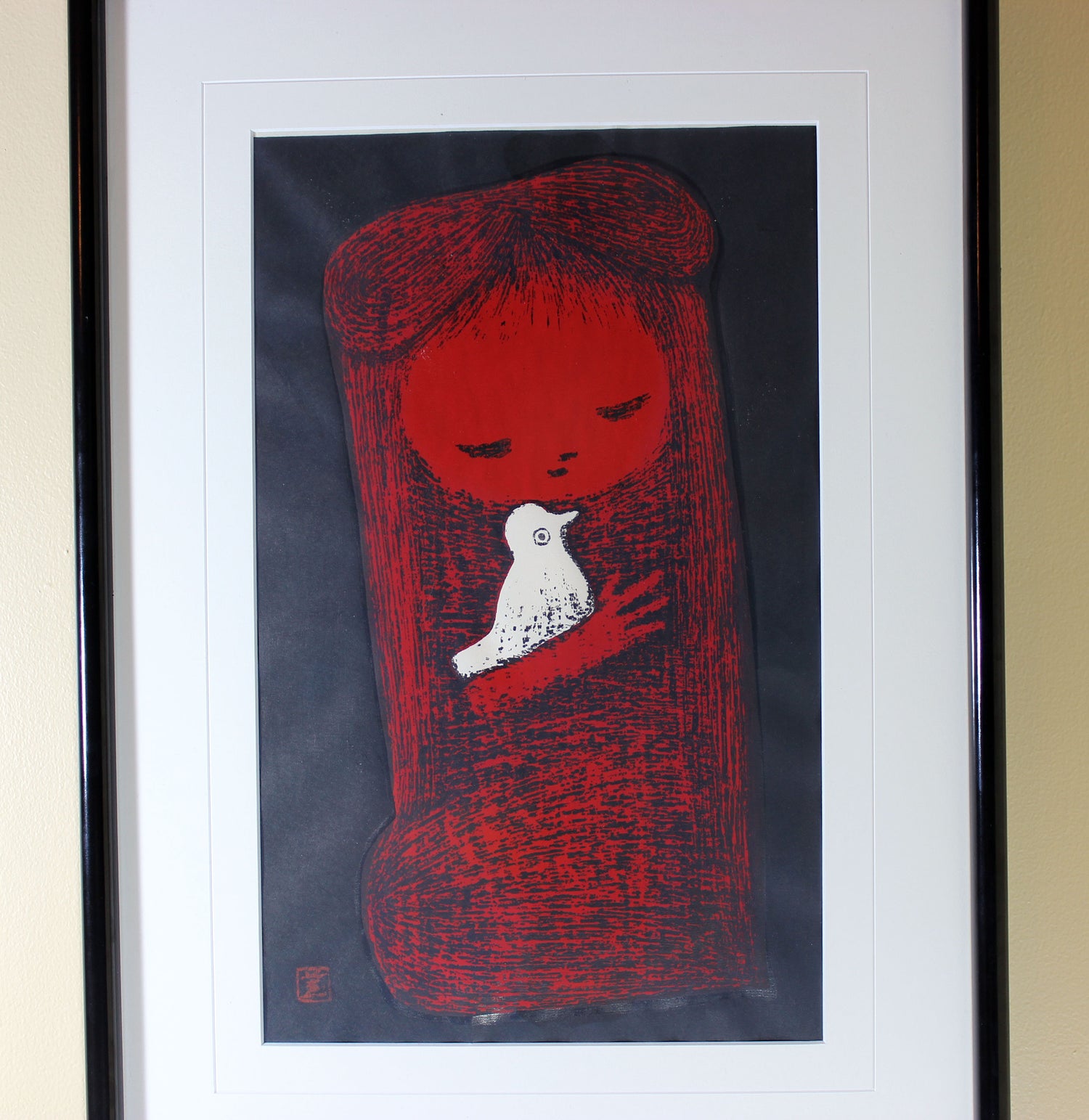 Kaoru Kawano, Woodblock Print, Child and Bird
