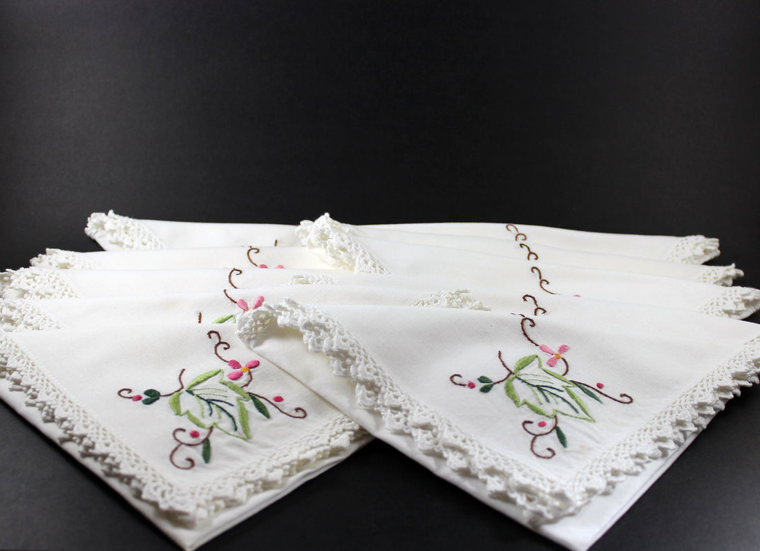 Lace Edged Linen Embroidered Napkins