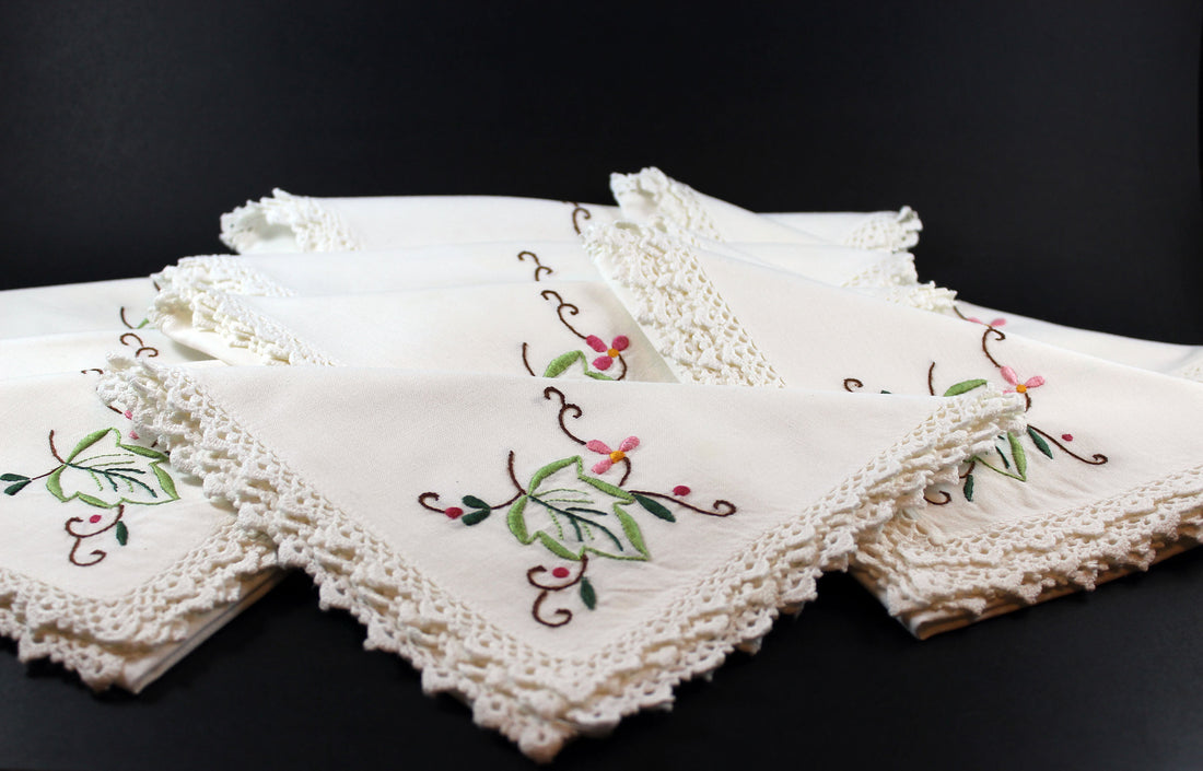 Lace Edged Linen Embroidered Napkins