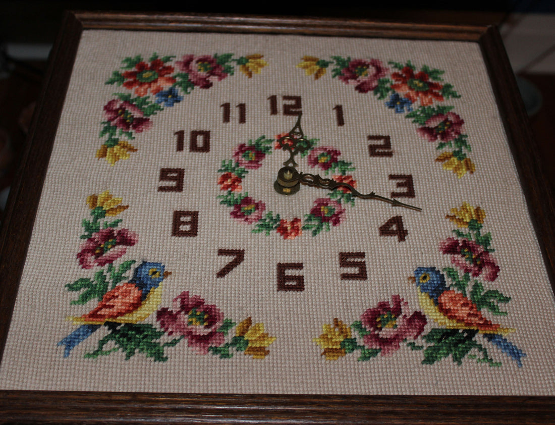 Vintage Needlepoint Floral Clock with Oak Frame