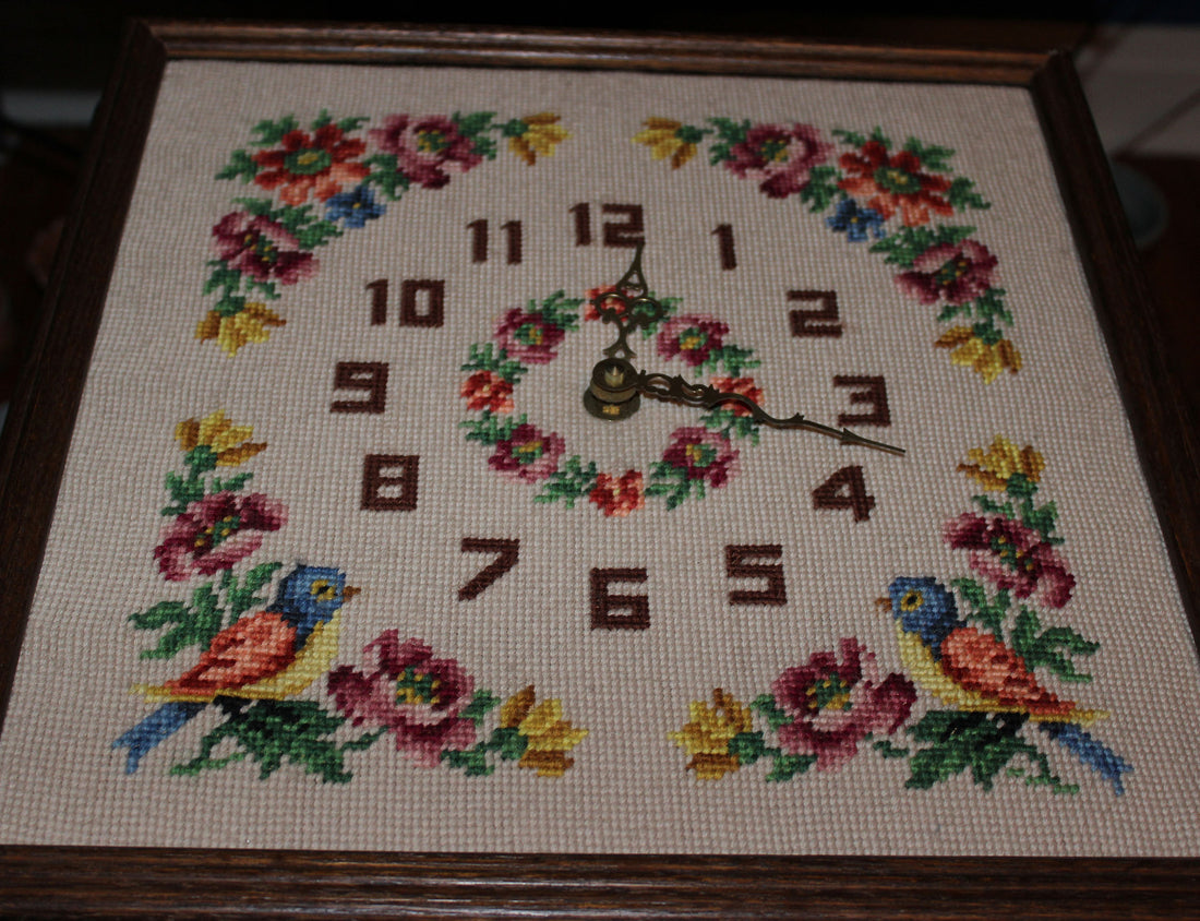 Vintage Needlepoint Floral Clock with Oak Frame