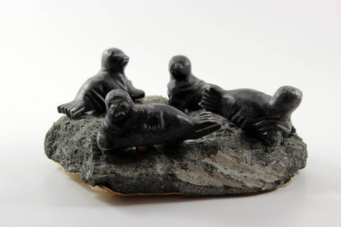 Inuit Soapstone Sculpture-Four Seals on Rock